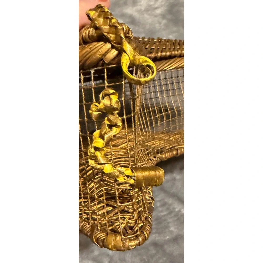 Vintage Gold Wicker Star Basket Hinged Lid Celestial Decor Gift Box Boho Star